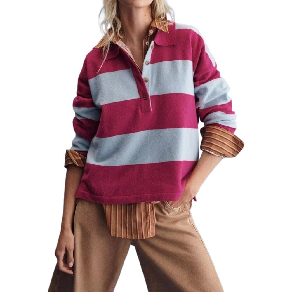 Women's Striped Knit Sweater V-Neck Long Sleeve Casual Pullover Shirt